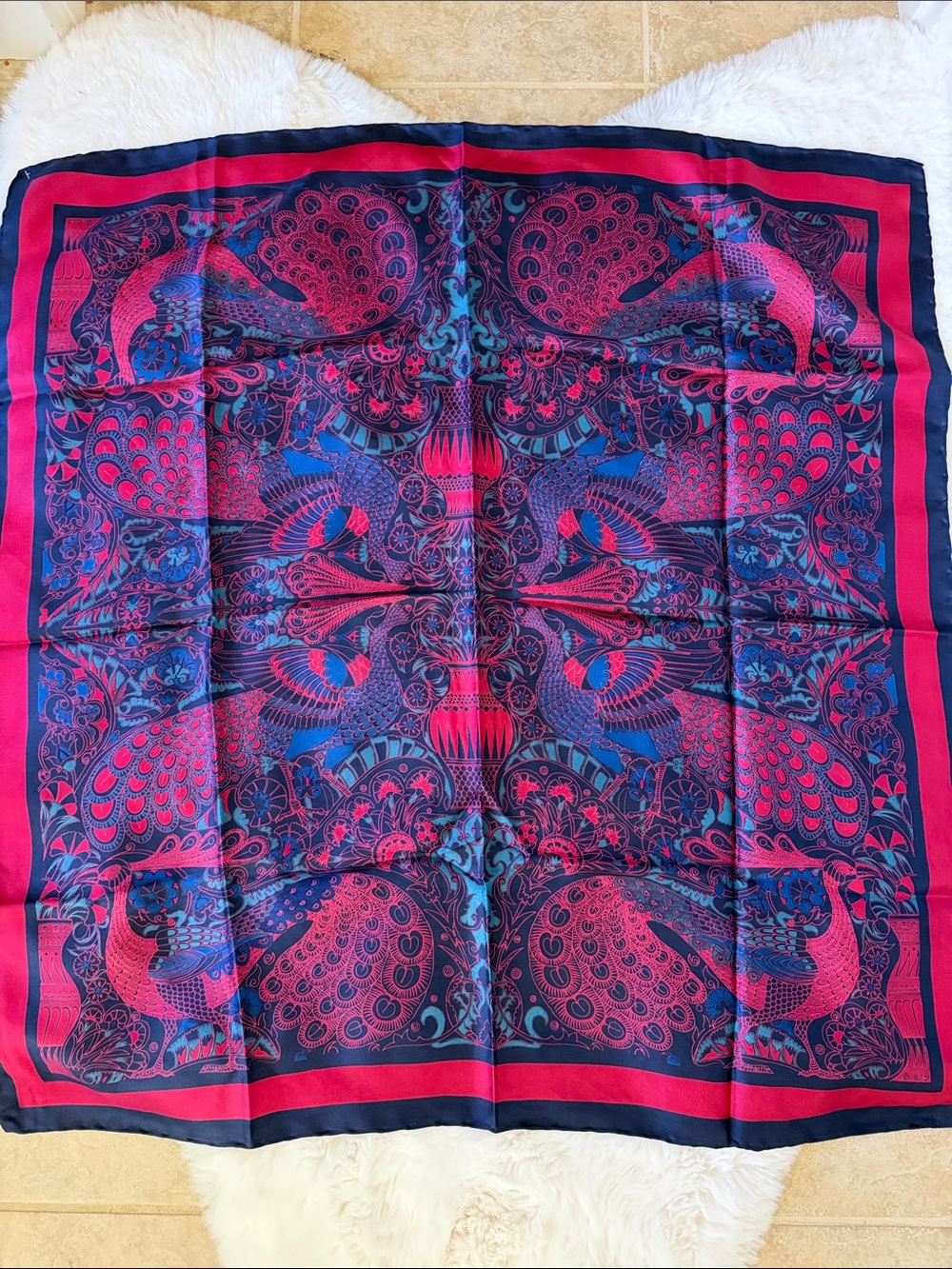Private Label Luxury Women's Silk Scarf in Fuchsia and Navy 30”x 31”